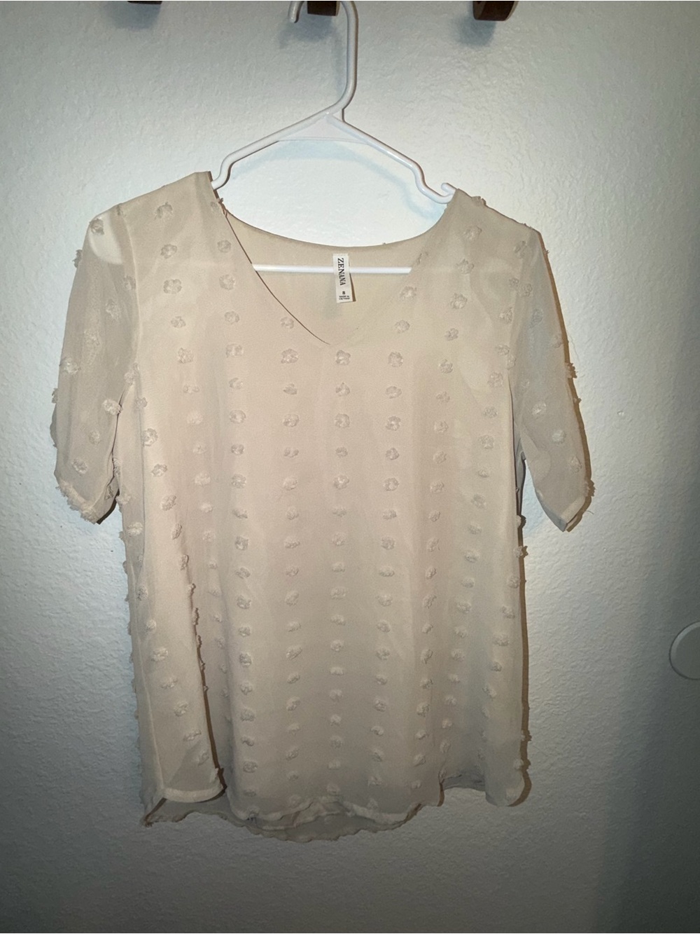 Zenana Outfitters Cream Pom Dot V-Neck Short Sleeve Blouse